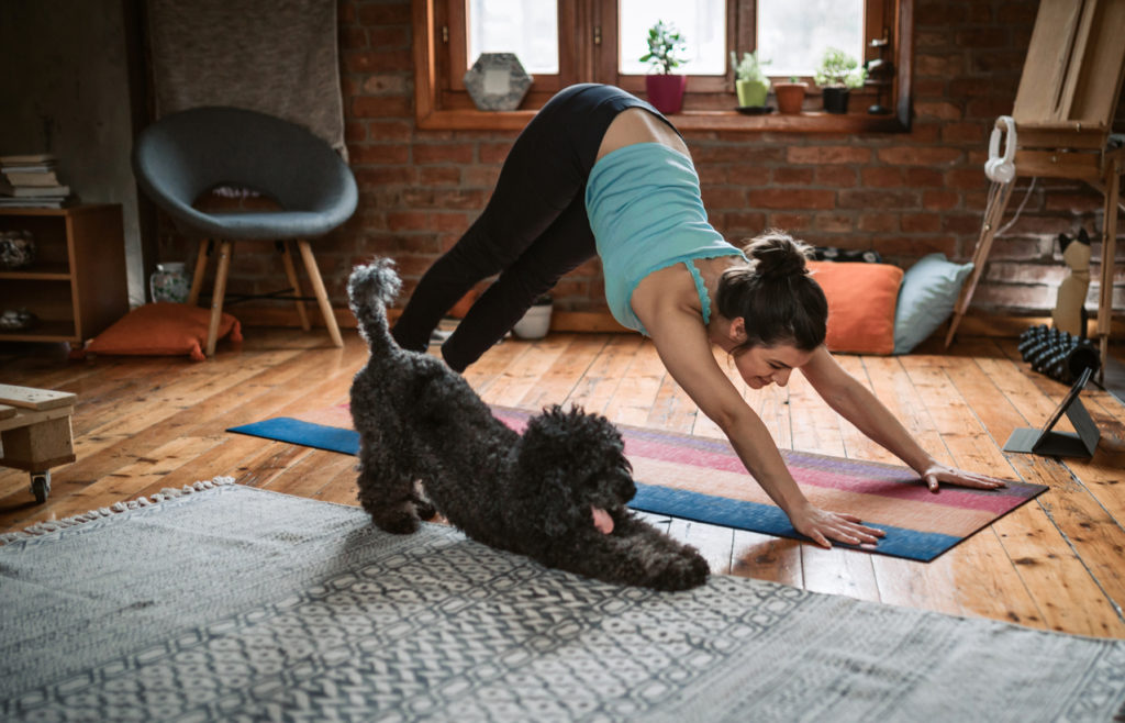 Woman doing yoga with her dog