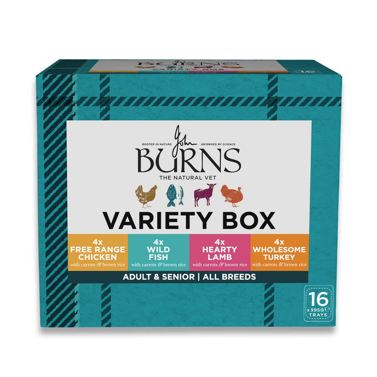 Chicken, Fish, Lamb & Turkey Wet Dog Food Variety Box Burns Pet Nutrition 16 x 395g Trays