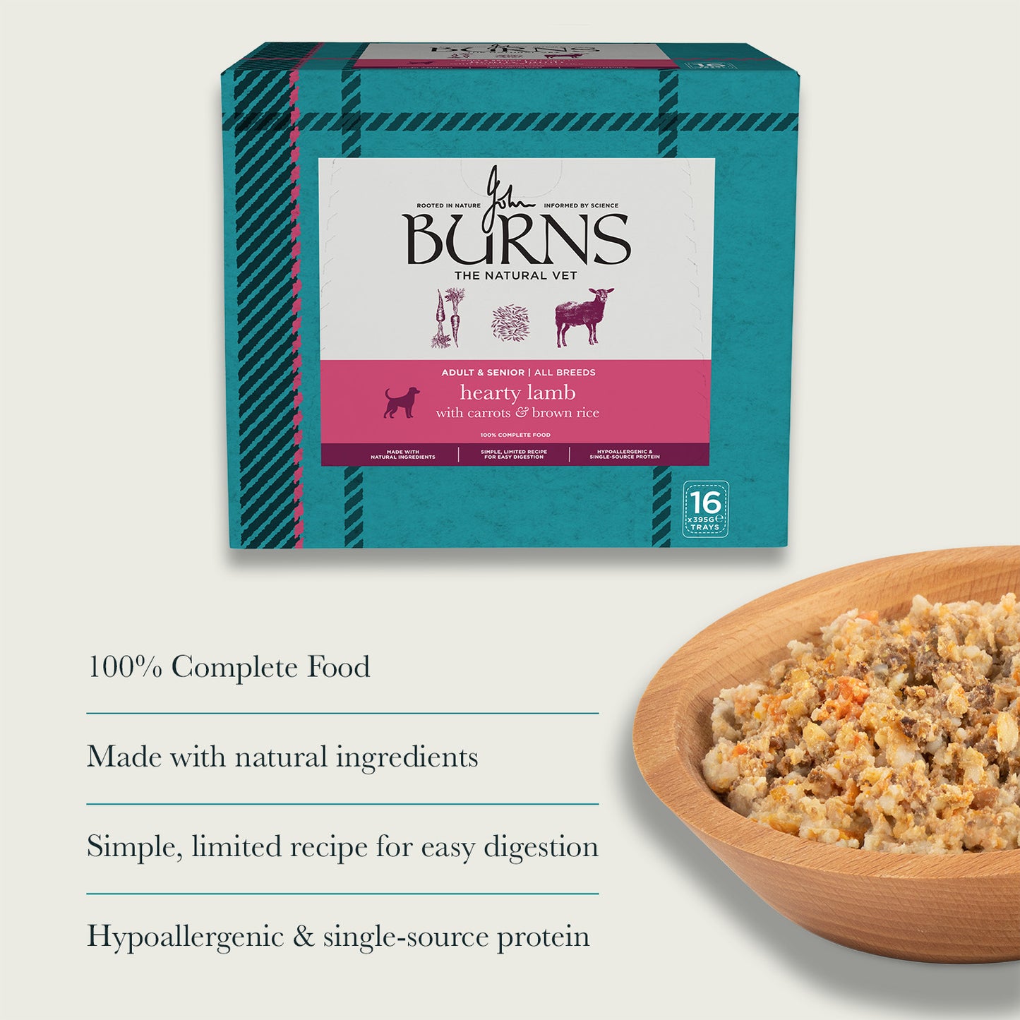 Hearty Lamb, Vegetables & Brown Rice Wet Dog Food Burns Pet Nutrition. 100% complete food. Made with natural ingredients. Hypoallergenic and single source protein. 