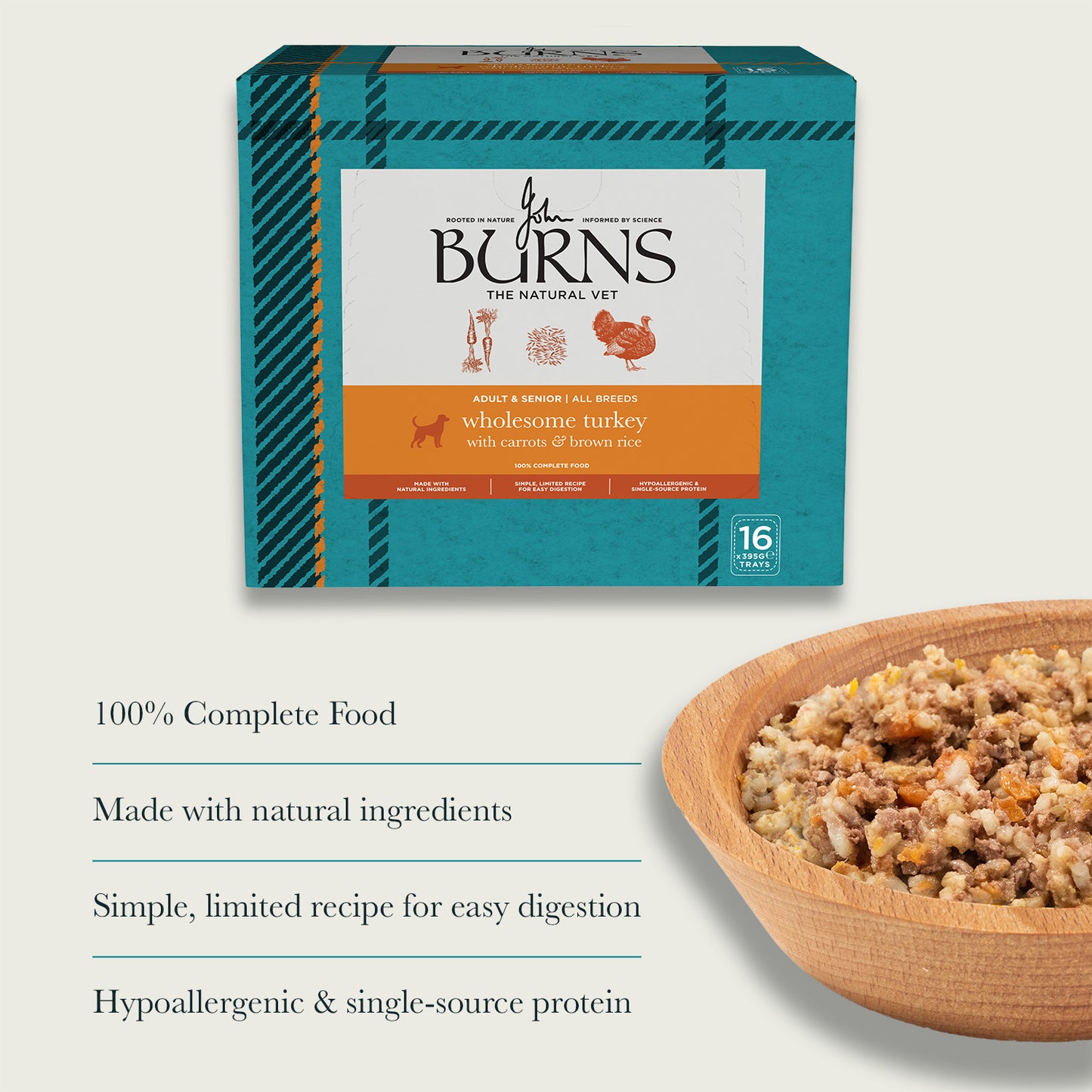 Wholesome Turkey with Carrots & Brown Rice Wet Dog Food Burns Pet Nutrition. 100% complete food. Made with natural ingredients. Hypoallergenic and single source protein.