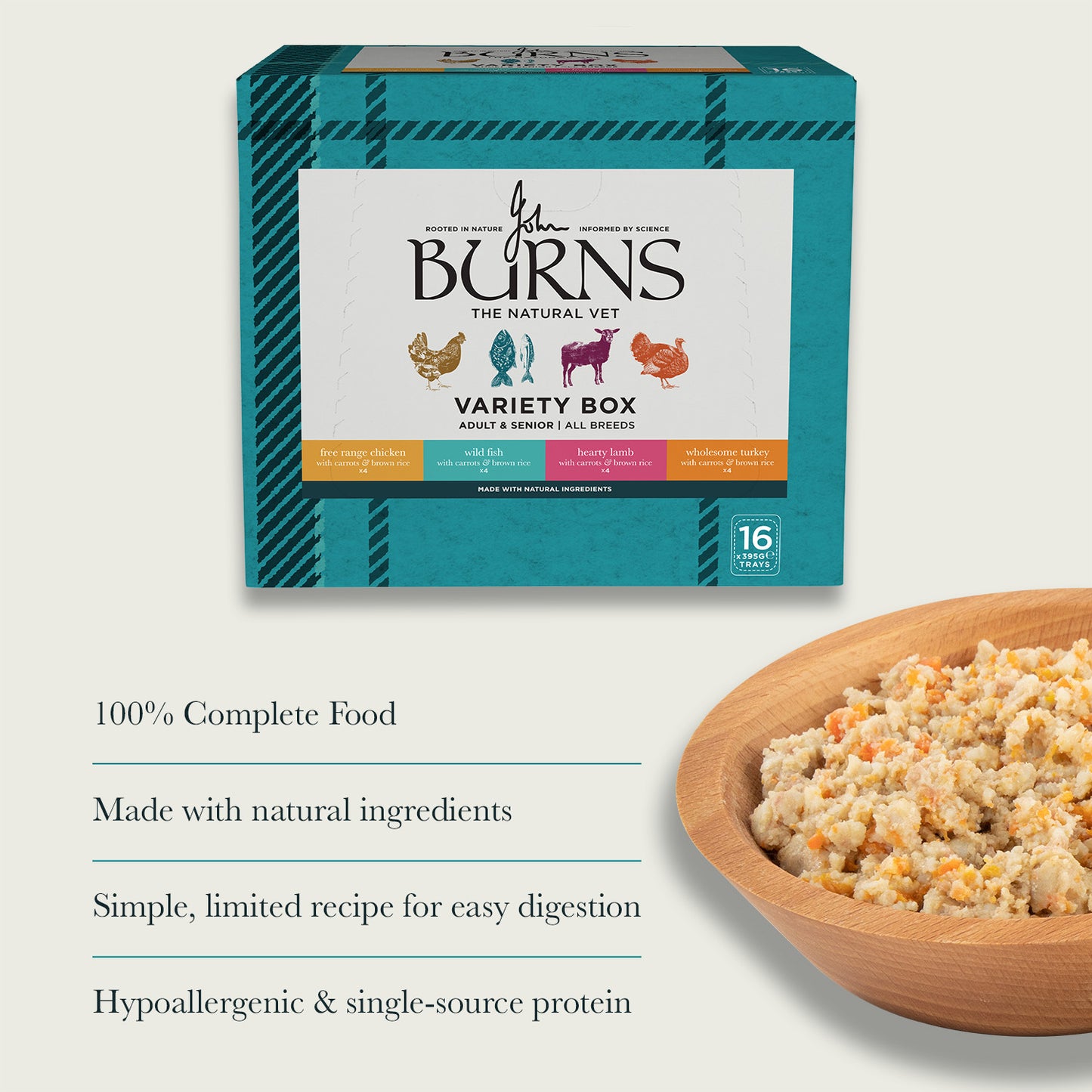 Chicken, Fish, Lamb & Turkey Wet Dog Food Variety Box Burns Pet Nutrition. 100% complete food. Made with natural ingredients. Hypoallergenic and single source protein