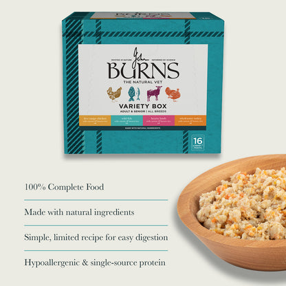 Chicken, Fish, Lamb & Turkey Wet Dog Food Variety Box Burns Pet Nutrition. 100% complete food. Made with natural ingredients. Hypoallergenic and single source protein