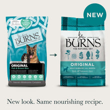 Old and new packaging for the Original Fish & Brown Rice Dry Dog Food, with title: "New look. Same nourishing recipe."