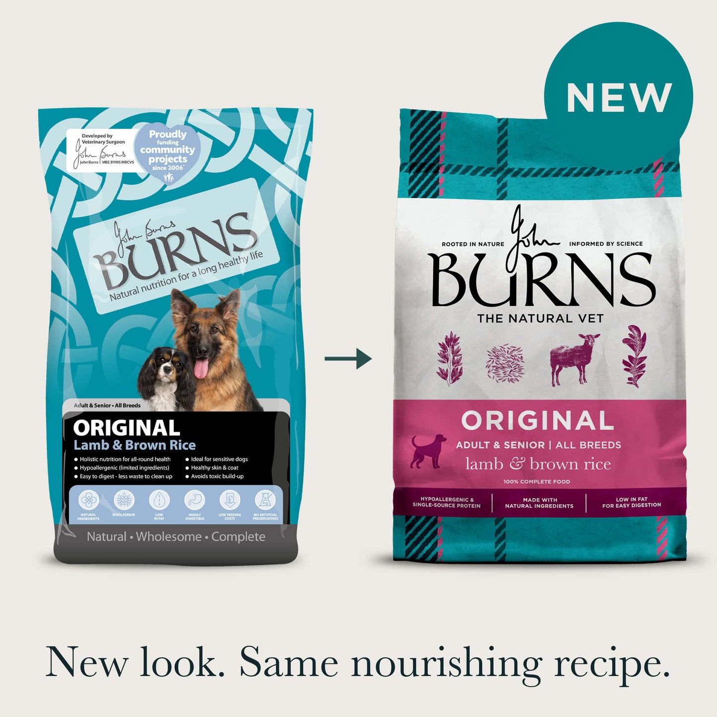 Old and new packaging for the Original Lamb & Brown Rice Dry Dog Food, with title: "New look. Same nourishing recipe."