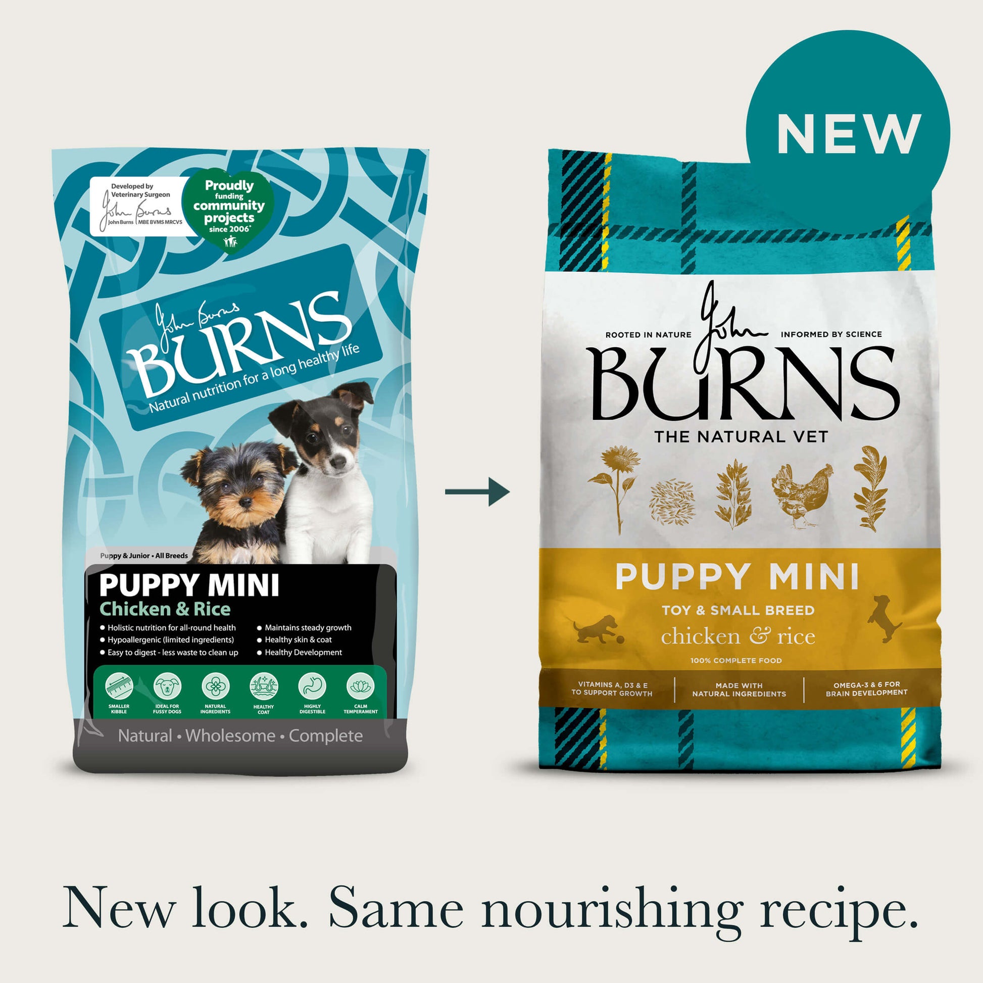 Old and new packaging for the Puppy Mini Toy & Small Breed Chicken & Rice Dry Dog Food, with title: "New look. Same nourishing recipe."