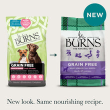 Old and new packaging for the Grain Free Duck & Potato Dry Dog Food, with title: "New look. Same nourishing recipe."