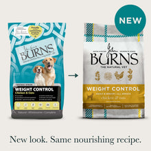 Old and new packaging for the Weight Control Chicken & Oats Dry Dog Food, with title: "New look. Same nourishing recipe."