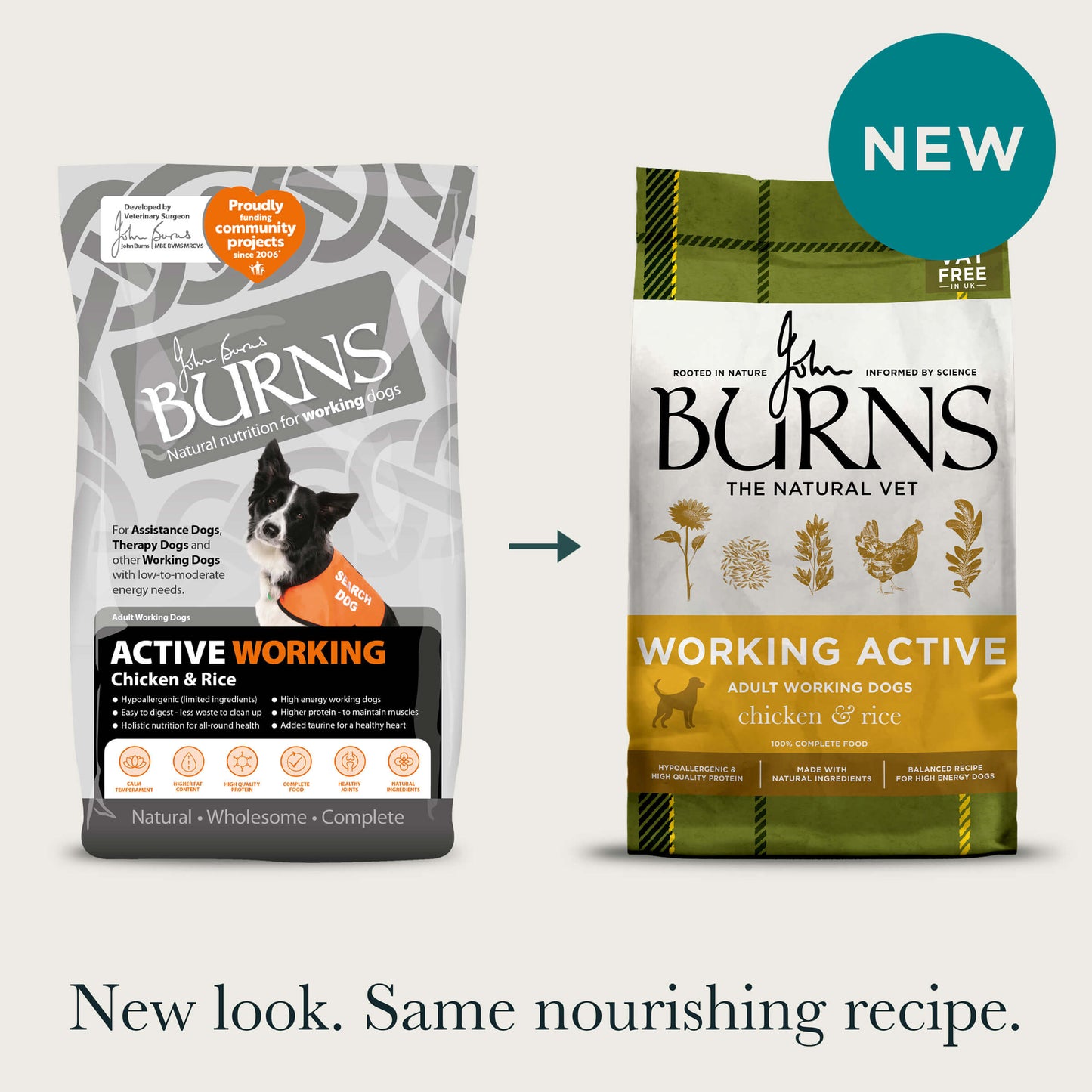 Old and new packaging for the Working Active Chicken & Rice Dry Dog Food, with title: "New look. Same nourishing recipe."