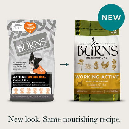 Old and new packaging for the Working Active Chicken & Rice Dry Dog Food, with title: "New look. Same nourishing recipe."