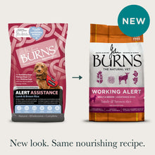 Two packages of John Burns dog food with a 'New look. Same nourishing recipe.' label.