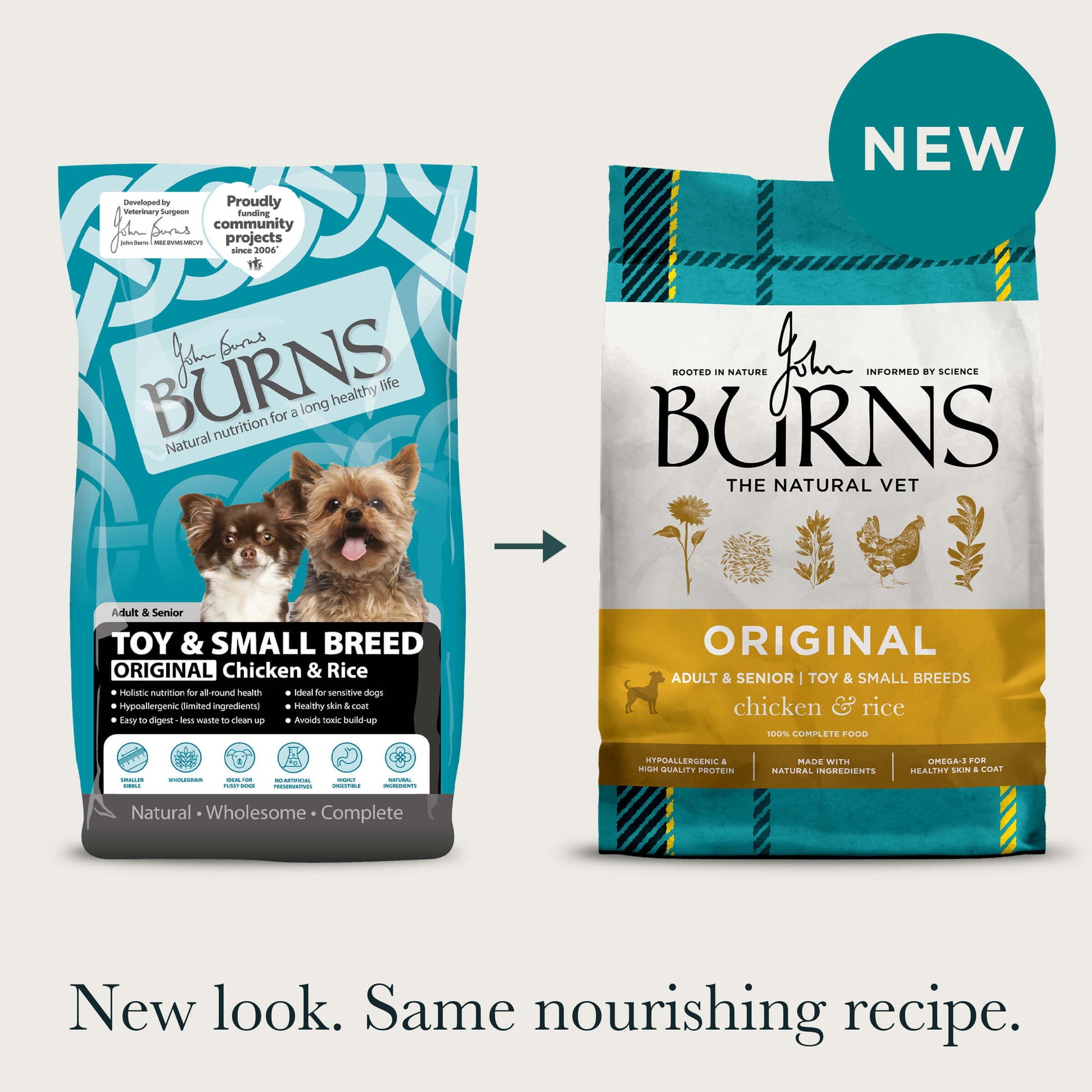 Old and new packaging for Original Toy & Small Breed Chicken & Rice Dry Dog Food with title: "New look. Same nourishing recipe."