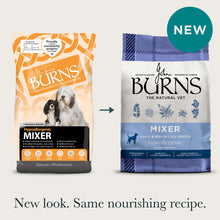 Old and new packaging for the Hypoallergenic Mixer Dry Dog Food, with title: "New look. Same nourishing recipe."