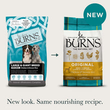 Old and new packaging for the Original Large & Giant Breed Chicken & Brown Rice Dry Dog Food, with title: "New look. Same nourishing recipe."