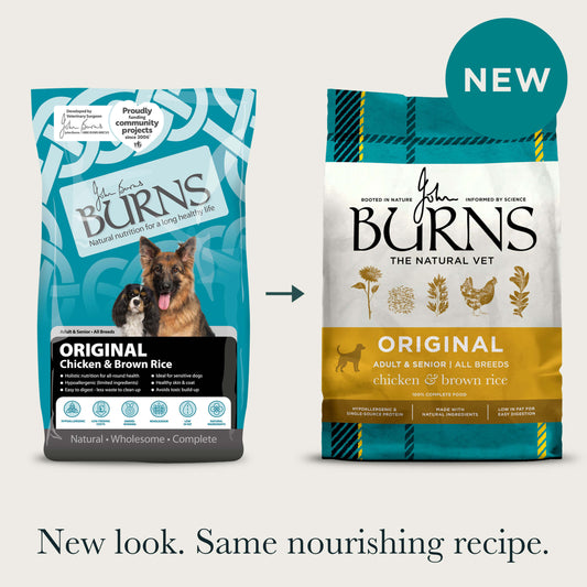 Old and new packaging for the Original Chicken & Brown Rice Dry Dog Food, with title: "New look. Same nourishing recipe."