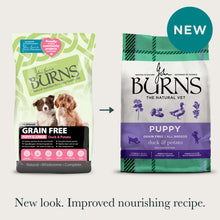 Old and new packaging for the Puppy Grain Free Duck & Potato Dry Dog Food, with title: "New look. Same nourishing recipe."

