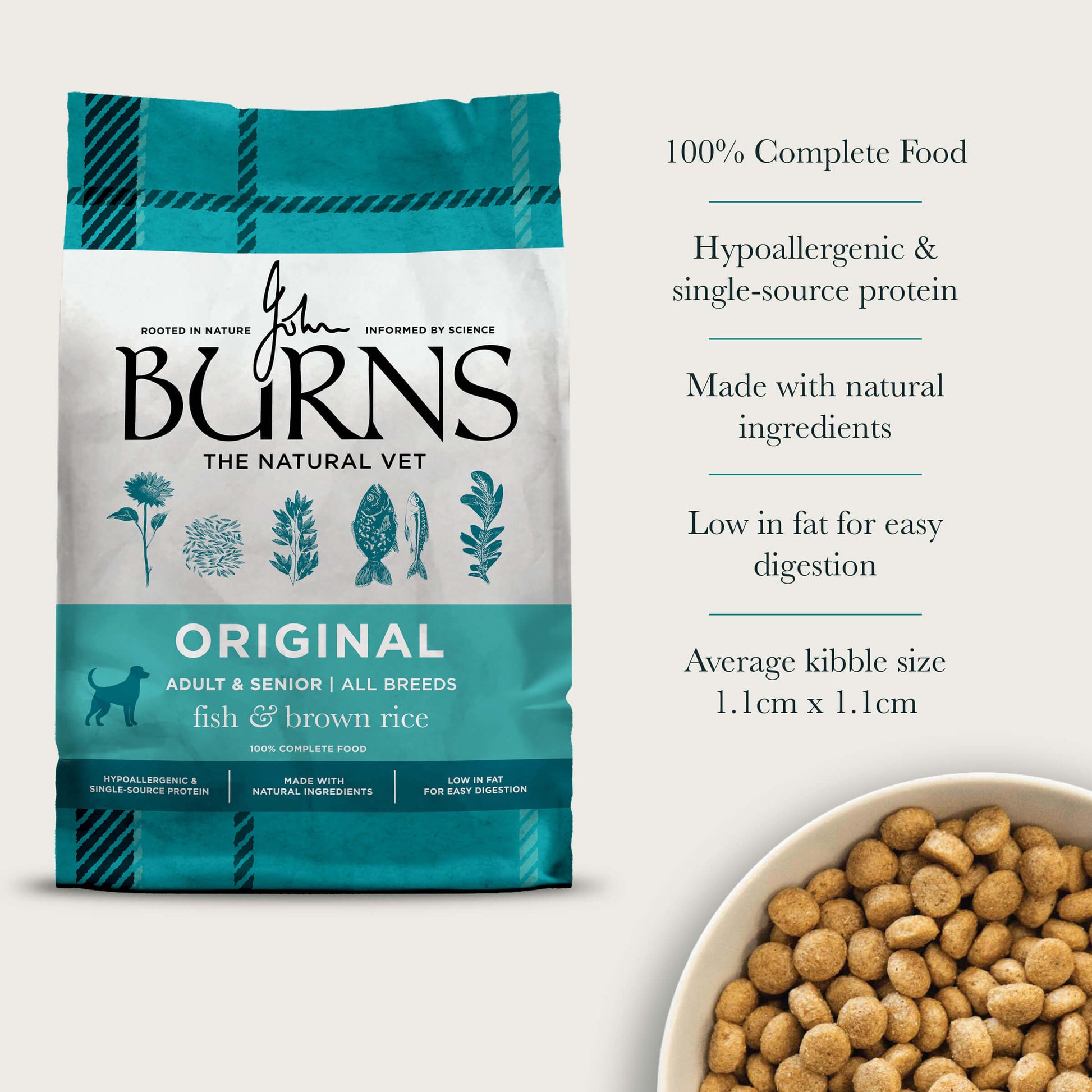 100% Complete Food, Hypoallergenic & Single-source Protein, Made with Natural Ingredients, Low in Fat for Easy Digestion, Average Kibble Size 1.1cm x 1.1cm