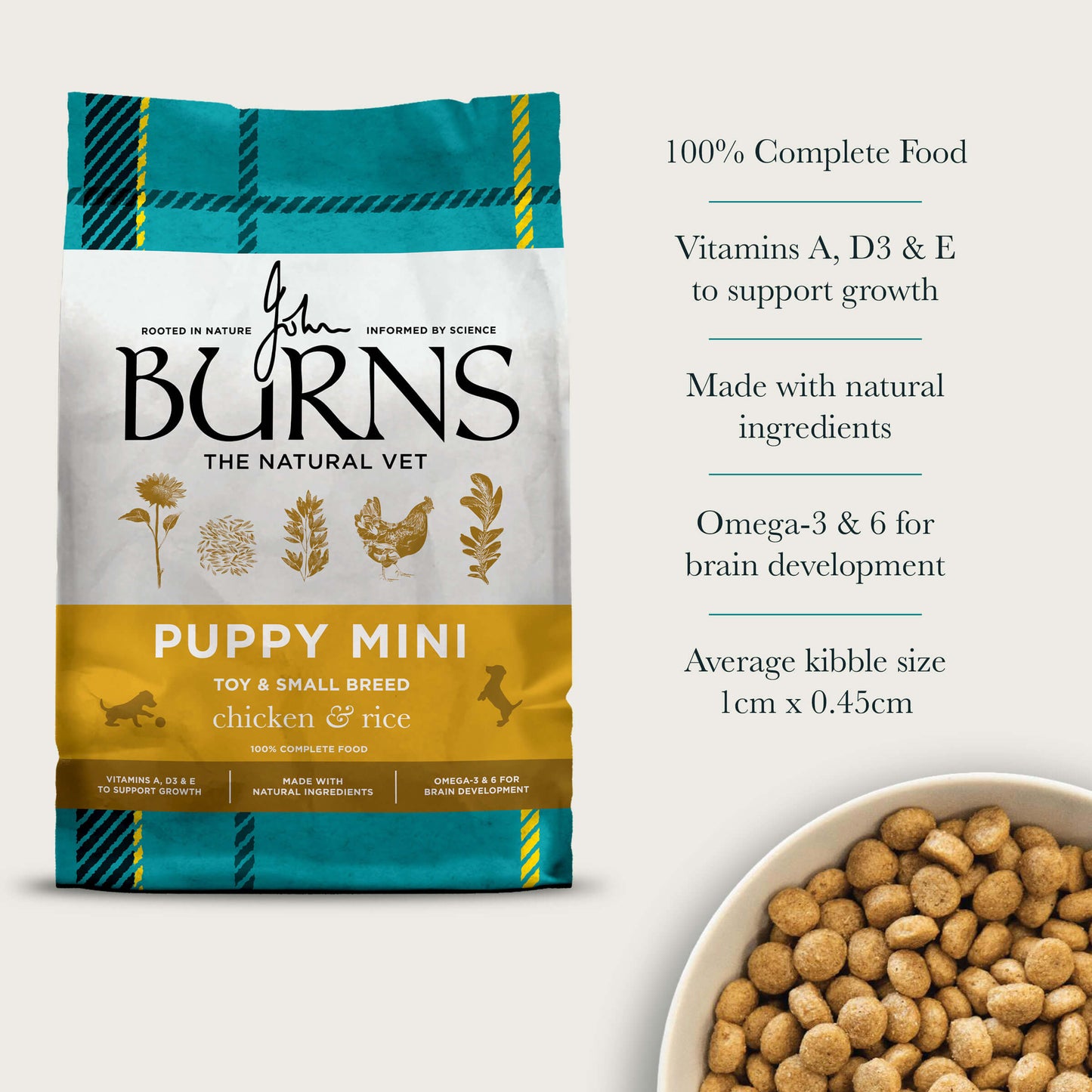 100% Complete Food, Vitamins A, D3 and E to Support Growth, Prebiotics for Extra Gut Support, Omega-3 & 6 for Brain Development, Average Kibble Size 1cm x 0.45cm