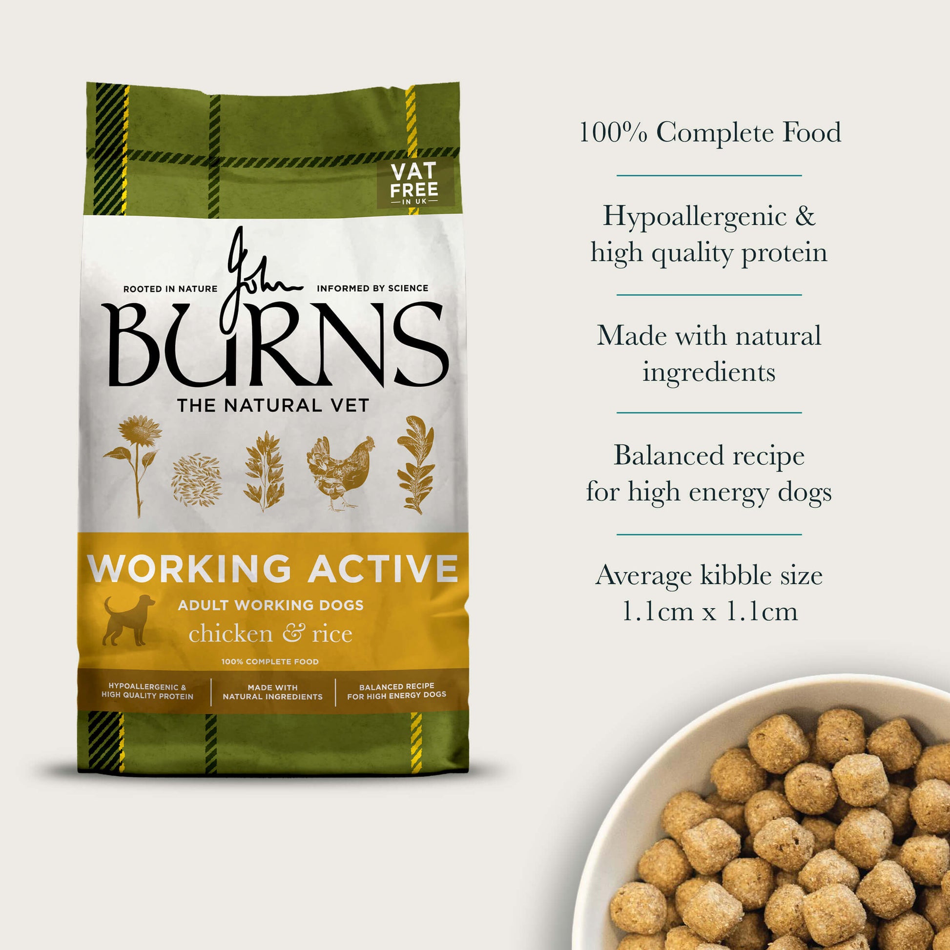 100% Complete Food, Hypoallergenic & Single-source Protein, Made with Natural Ingredients, Balanced Recipe for High Energy Dogs, Average Kibble Size 1.1cm x 1.1cm