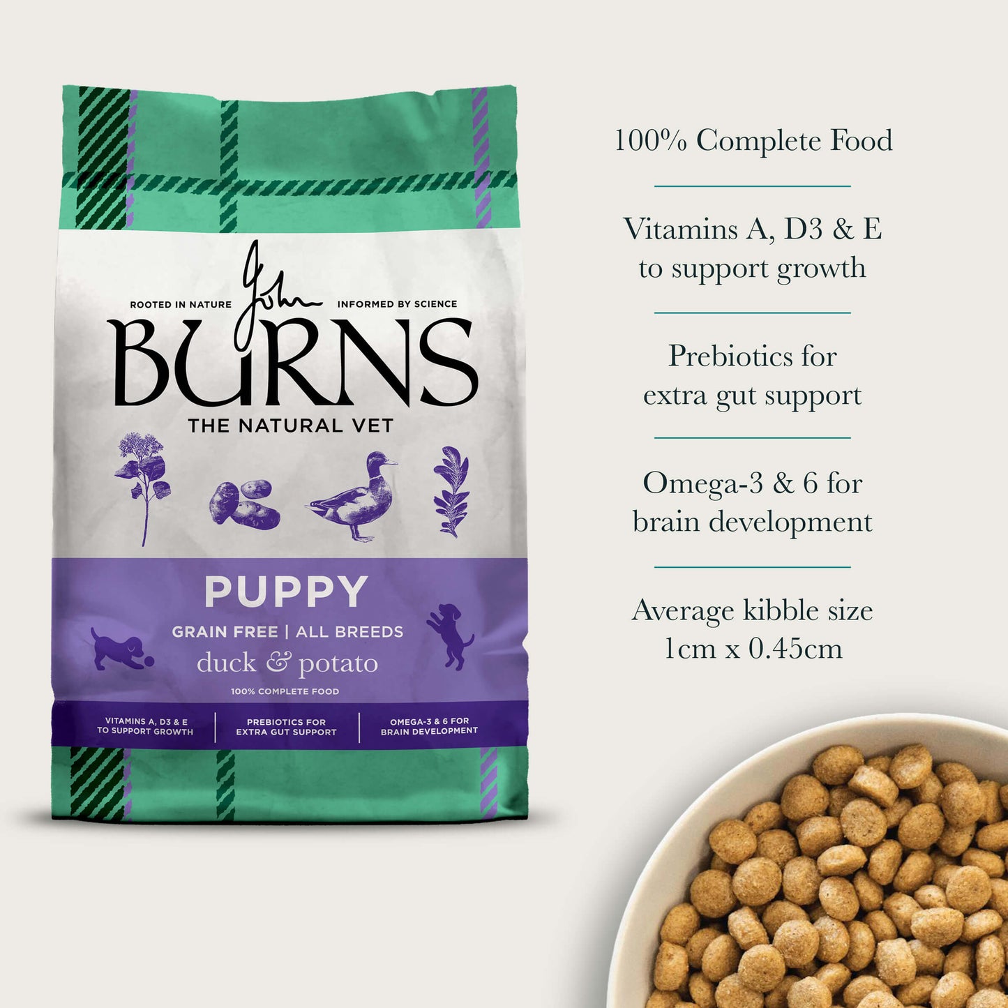 100% Complete Food, Vitamins A, D3 and E to Support Growth, Prebiotics for Extra Gut Support, Omega-3 & 6 for Brain Development, Average Kibble Size 1cm x 0.45cm