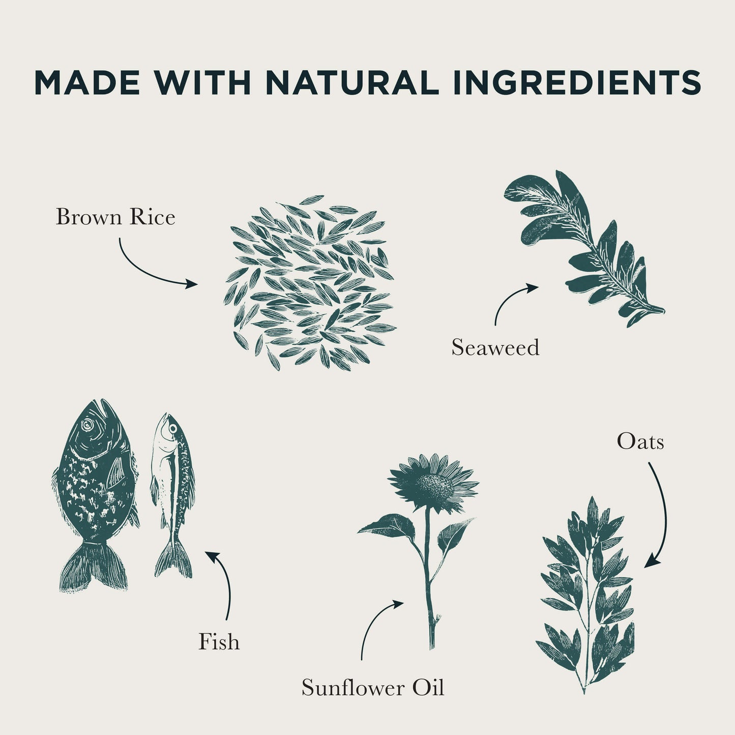 Illustrations of natural ingredients used in the product, including brown rice, seaweed, fish, sunflower oil, and oats, with text 'Made with Natural Ingredients'.
