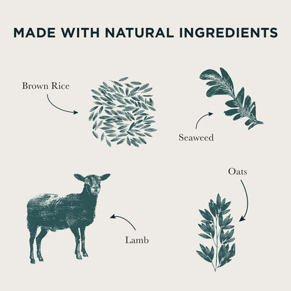 Illustration showing natural ingredients used in the product, including brown rice, seaweed, oats, and lamb, with text 'Made with Natural Ingredients'.