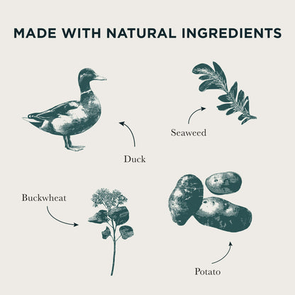 Natural ingredients including duck, seaweed, buckwheat and potato