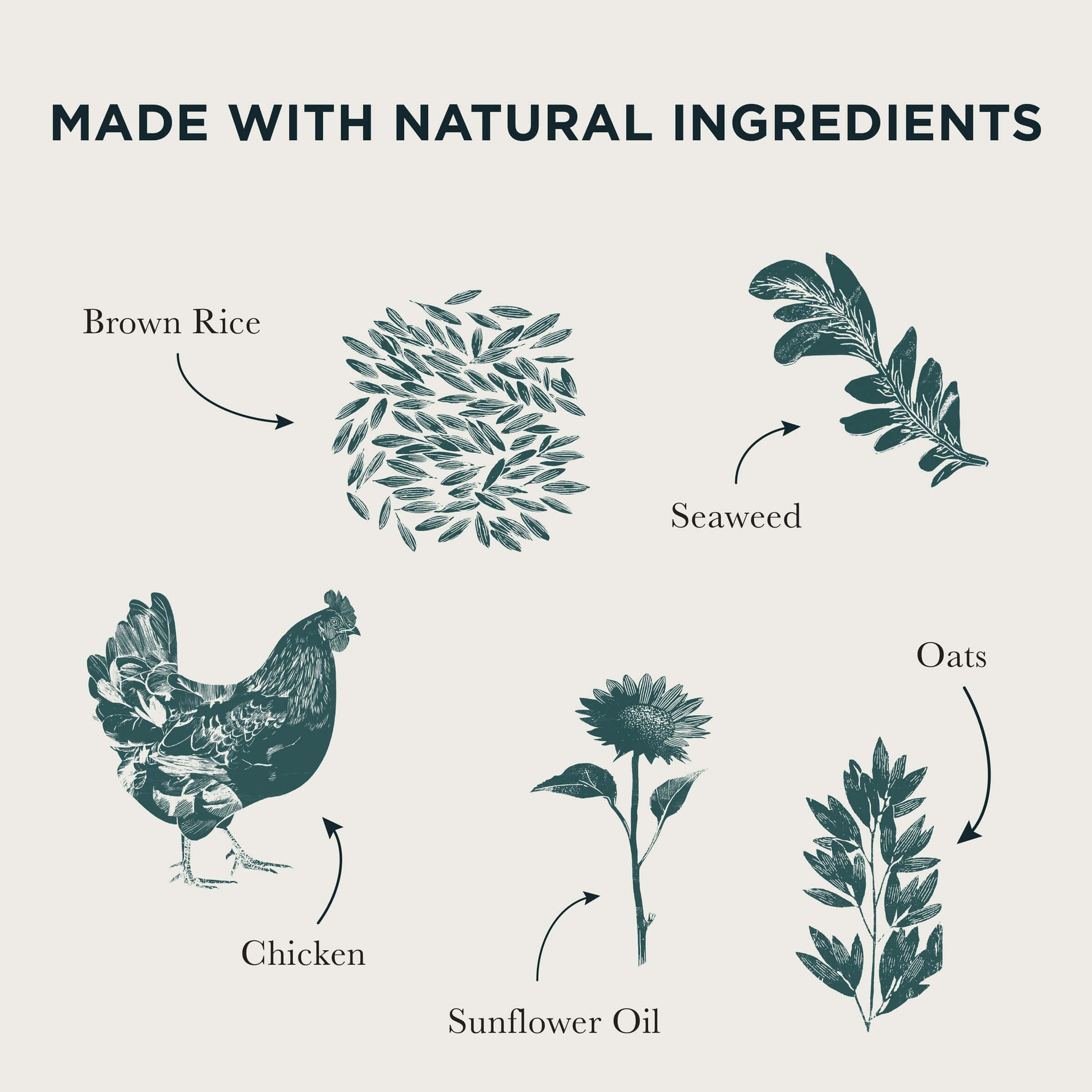 Illustration of natural ingredients used in the product, including brown rice, seaweed, oats, chicken and sunflower oil