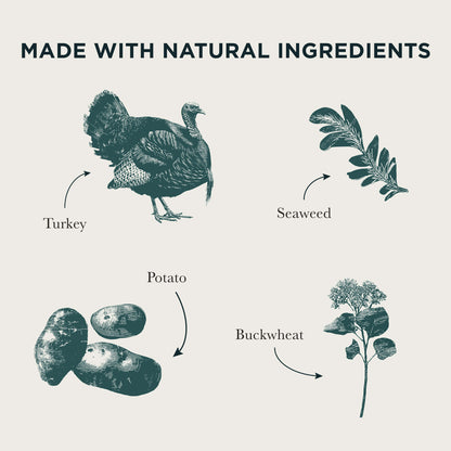 Illustration of natural ingredients used, including turkey, seaweed, potato, and buckwheat, with text 'Made with Natural Ingredients'.