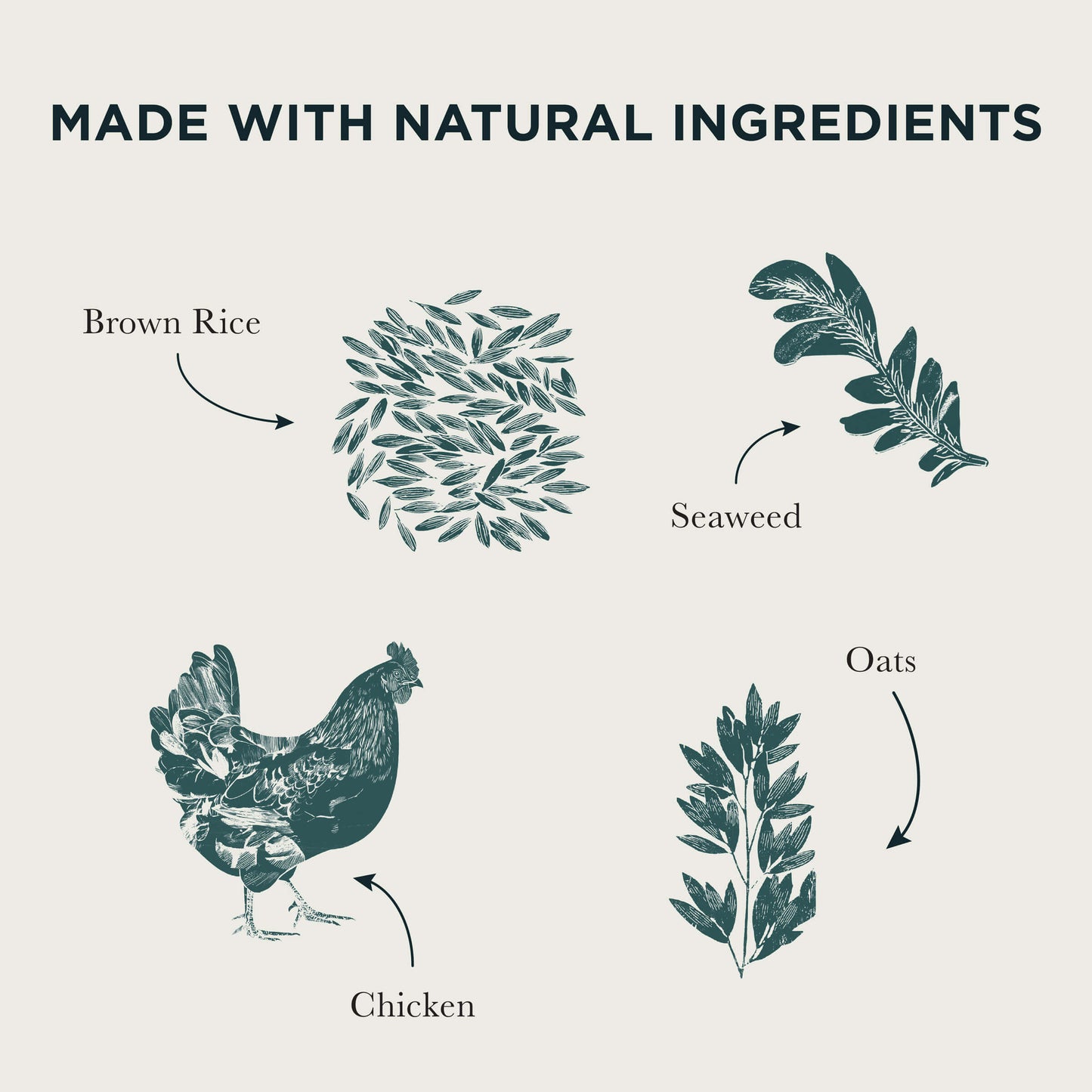 Illustrations of ingredients list including brown rice, seaweed, oats and chicken