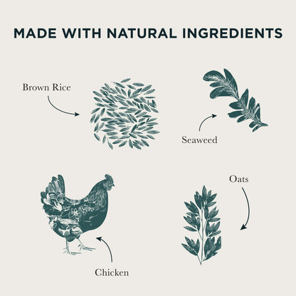 Illustrations of ingredients list including brown rice, seaweed, oats and chicken