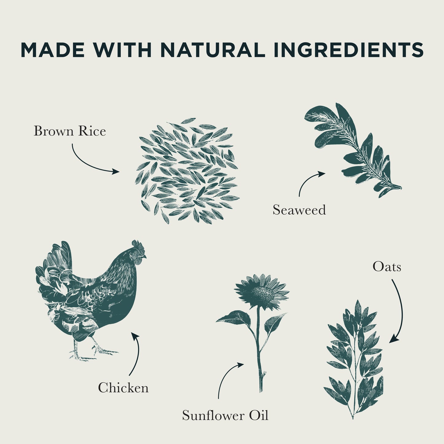 Made with natural ingredients, including Brown Rice, Seaweed, Oats, Chicken & Sunflower Oil