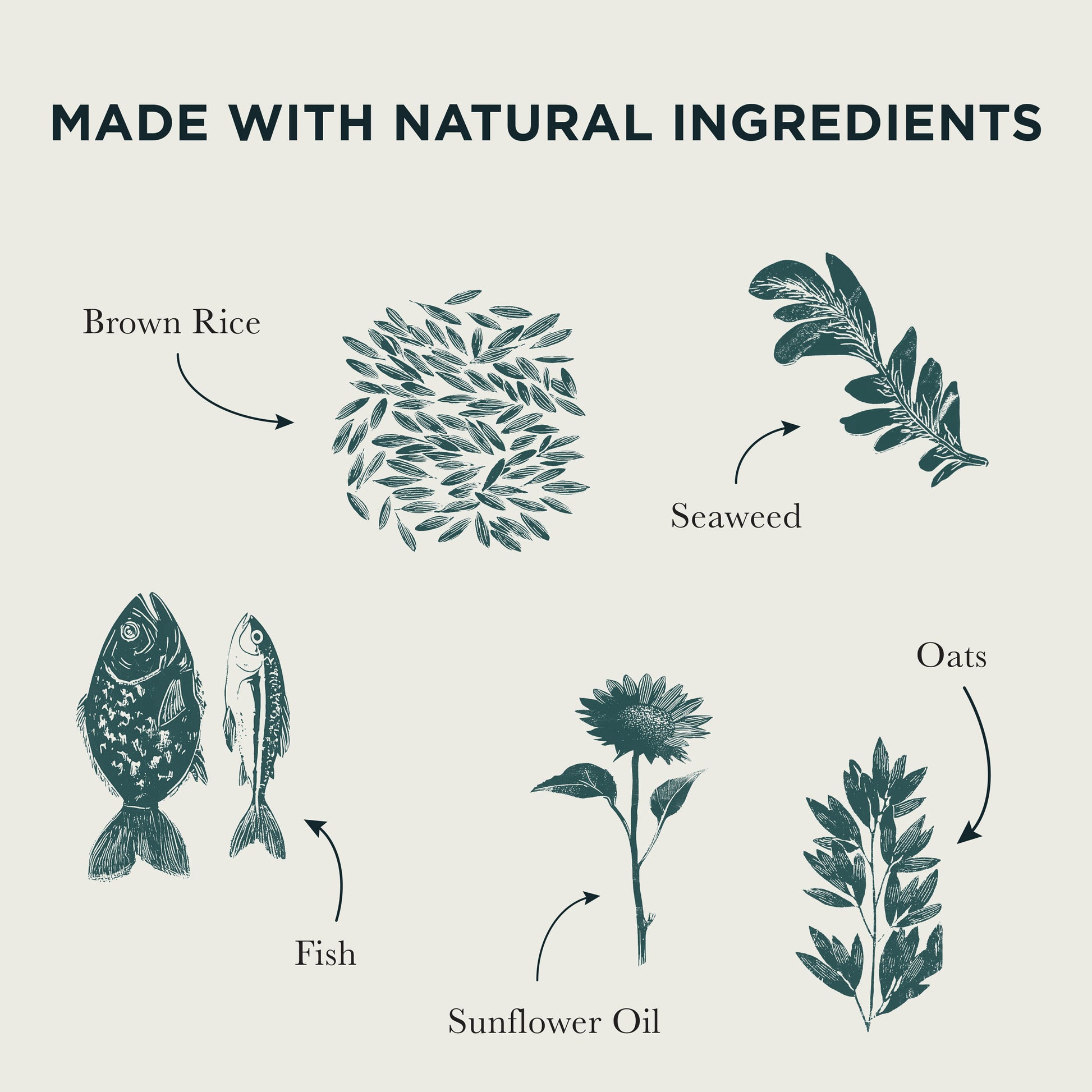 Made with natural ingredients, including brown rice, seaweed, oats, fish and sunflower oil
