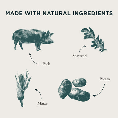 Illustration of natural ingredients used in the product, including pork, seaweed, maize, and potato.