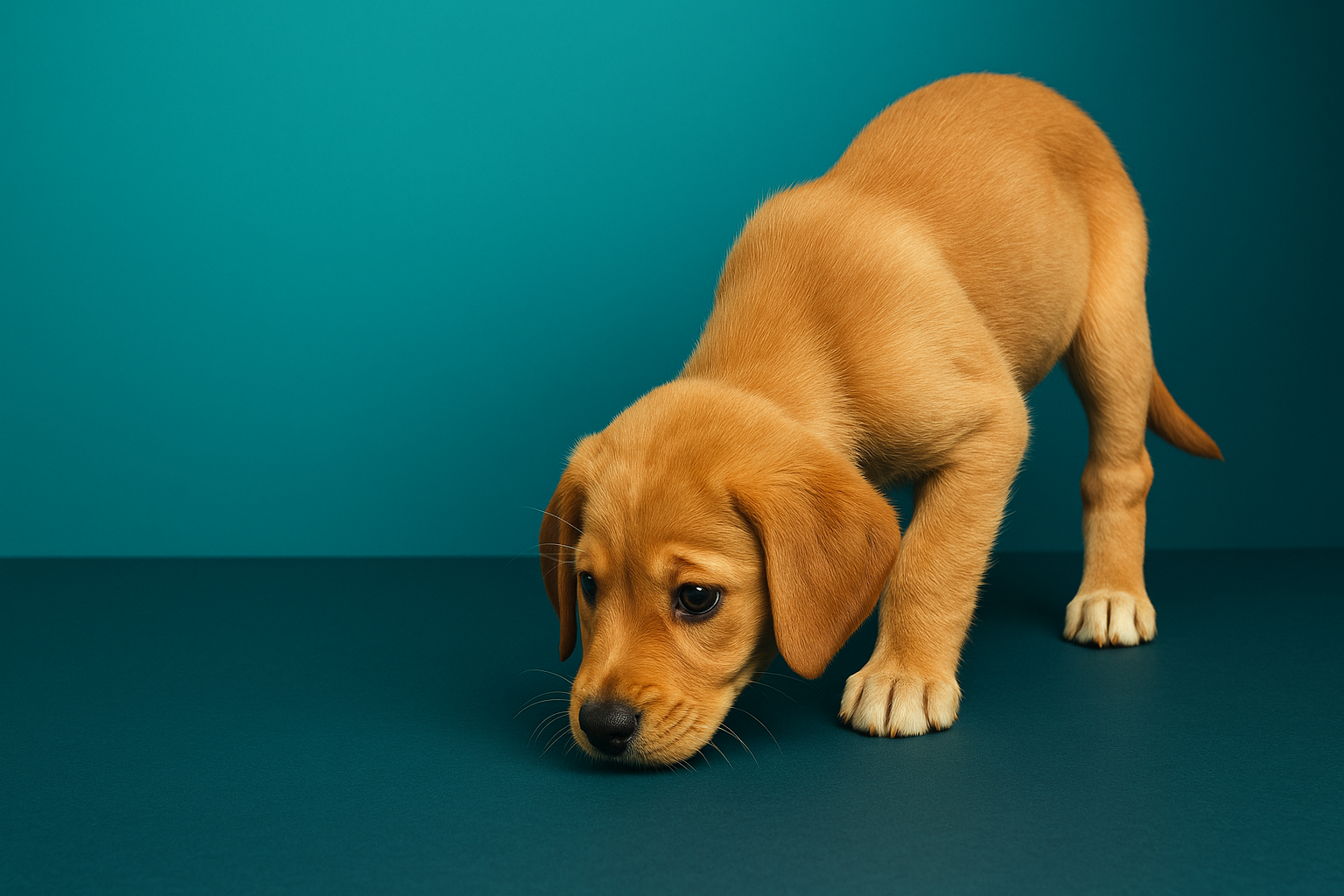 Can you please create a banner with a curious sniffing puppy (not a labrador) on the right and the background colours #008AA9 and #003F4E